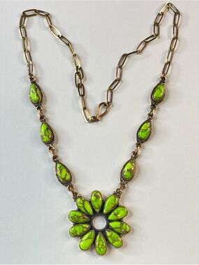 Green Apple Dahlia Flower Cluster Southwestern Copper Necklace Paperclip Chain